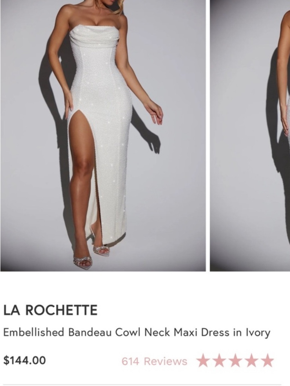 Oh Polly White La Rochette
Embellished Bandeau Cowl Neck Maxi
Dress